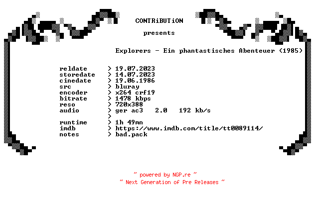 NFO for the release Explorers.Ein.phantastisches.Abenteuer.1985.German.BDRip.x264.REPACK-CONTRiBUTiON by CONTRiBUTiON