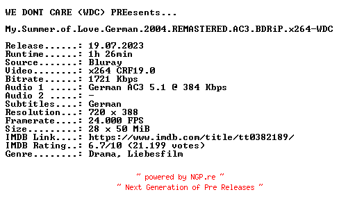 NFO for the release My.Summer.of.Love.German.2004.REMASTERED.AC3.BDRiP.x264-WDC by WDC