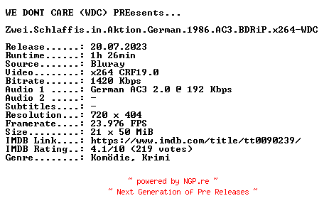NFO for the release Zwei.Schlaffis.in.Aktion.German.1986.AC3.BDRiP.x264-WDC by WDC