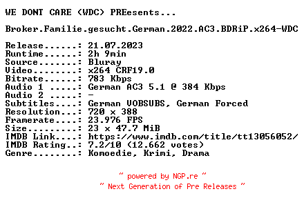 NFO for the release Broker.Familie.gesucht.German.2022.AC3.BDRiP.x264-WDC by WDC