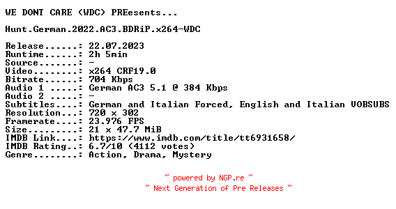 NFO for the release Hunt.German.2022.AC3.BDRiP.x264-WDC by WDC