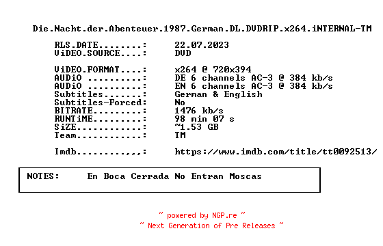 NFO for the release Die.Nacht.der.Abenteuer.1987.German.DL.DVDRIP.x264.iNTERNAL-TM by TM