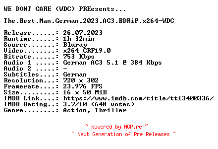NFO for the release The.Best.Man.German.2023.AC3.BDRiP.x264-WDC by WDC