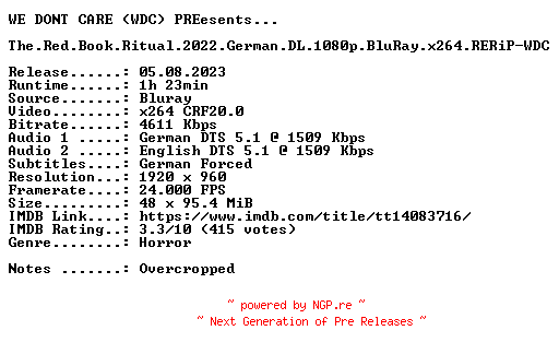 NFO for the release The.Red.Book.Ritual.2022.German.DL.1080p.BluRay.x264.RERiP-WDC by WDC