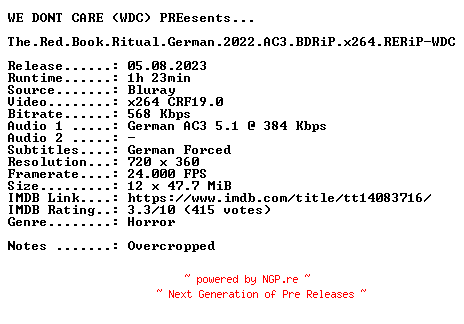 NFO for the release The.Red.Book.Ritual.German.2022.AC3.BDRiP.x264.RERiP-WDC by WDC