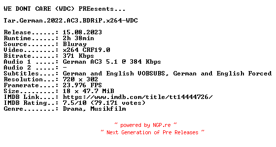NFO for the release Tar.German.2022.AC3.BDRiP.x264-WDC by WDC