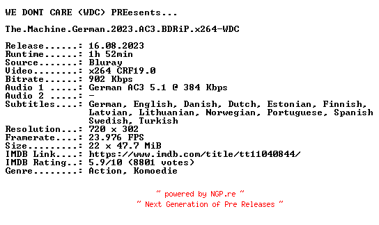 NFO for the release The.Machine.German.2023.AC3.BDRiP.x264-WDC by WDC