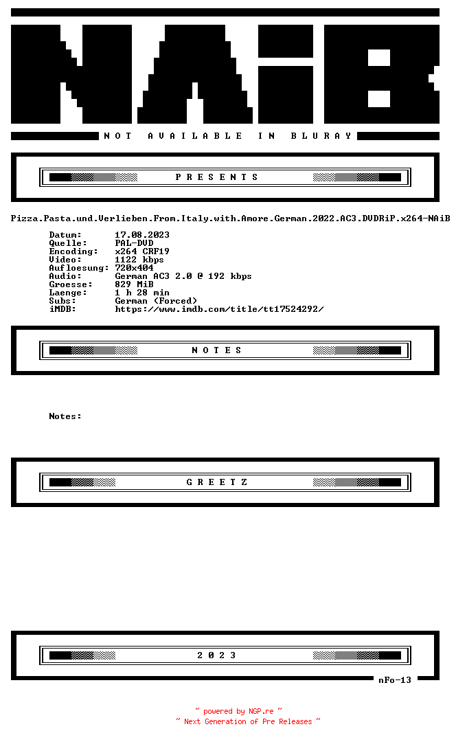 NFO for the release Pizza.Pasta.und.Verlieben.From.Italy.with.Amore.German.2022.AC3.DVDRiP.x264-NAiB by NAiB