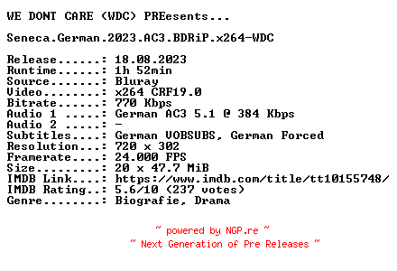 NFO for the release Seneca.German.2023.AC3.BDRiP.x264-WDC by WDC
