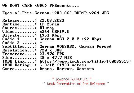 NFO for the release Eyes.of.Fire.German.1983.AC3.BDRiP.x264-WDC by WDC