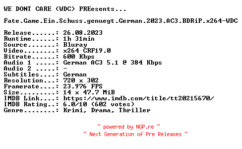 NFO for the release Fate.Game.Ein.Schuss.genuegt.German.2023.AC3.BDRiP.x264-WDC by WDC