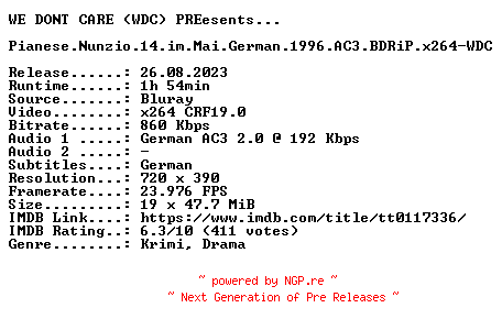 NFO for the release Pianese.Nunzio.14.im.Mai.German.1996.AC3.BDRiP.x264-WDC by WDC