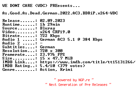 NFO for the release As.Good.As.Dead.German.2022.AC3.BDRiP.x264-WDC by WDC
