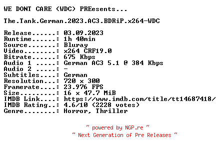 NFO for the release The.Tank.German.2023.AC3.BDRiP.x264-WDC by WDC