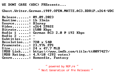 NFO for the release Ghost.Writer.German.1989.OPEN.MATTE.AC3.BDRiP.x264-WDC by WDC