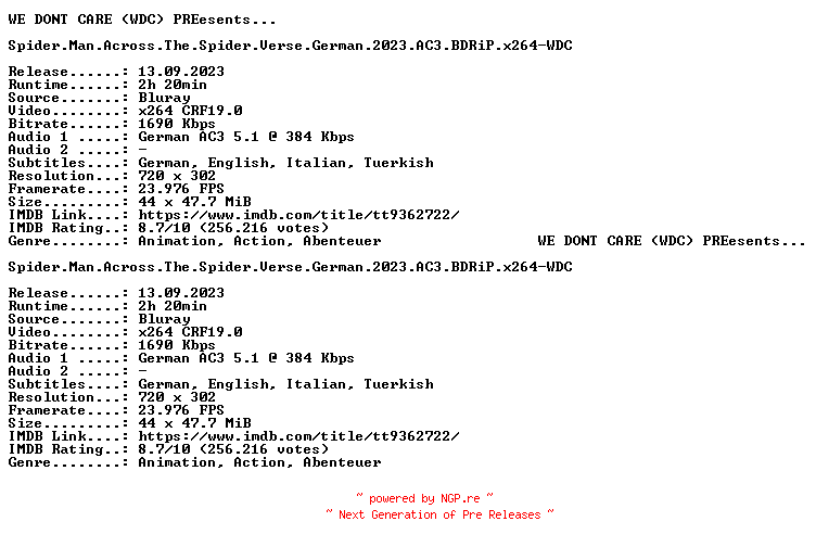 NFO for the release Spider.Man.Across.The.Spider.Verse.German.2023.AC3.BDRiP.x264-WDC by WDC