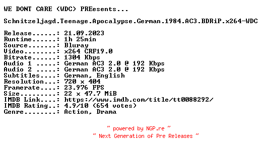 NFO for the release Schnitzeljagd.Teenage.Apocalypse.German.1984.AC3.BDRiP.x264-WDC by WDC