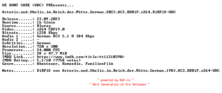 NFO for the release Asterix.und.Obelix.im.Reich.der.Mitte.German.2023.AC3.BDRiP.x264.DiRFiX-WDC by WDC