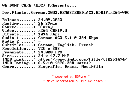 NFO for the release Der.Pianist.German.2002.REMASTERED.AC3.BDRiP.x264-WDC by WDC