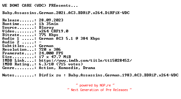 NFO for the release Baby.Assassins.German.2021.AC3.BDRiP.x264.DiRFiX-WDC by WDC