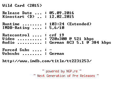 NFO for the release Wild.Card.EXTENDED.German.2015.AC3.BDRip.x264-COiNCiDENCE by COiNCiDENCE
