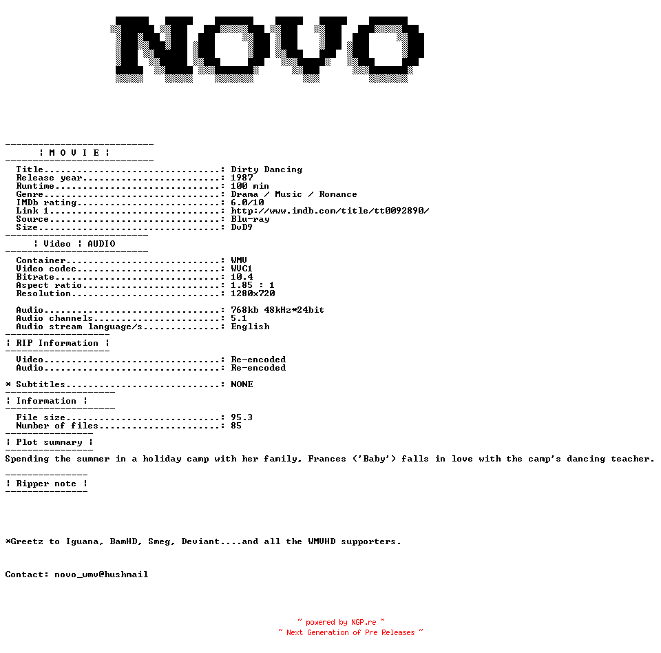 NFO for the release Dirty.Dancing.1987.Bluray.VC1.720P.5.1.WMV-NOVO by NOVO