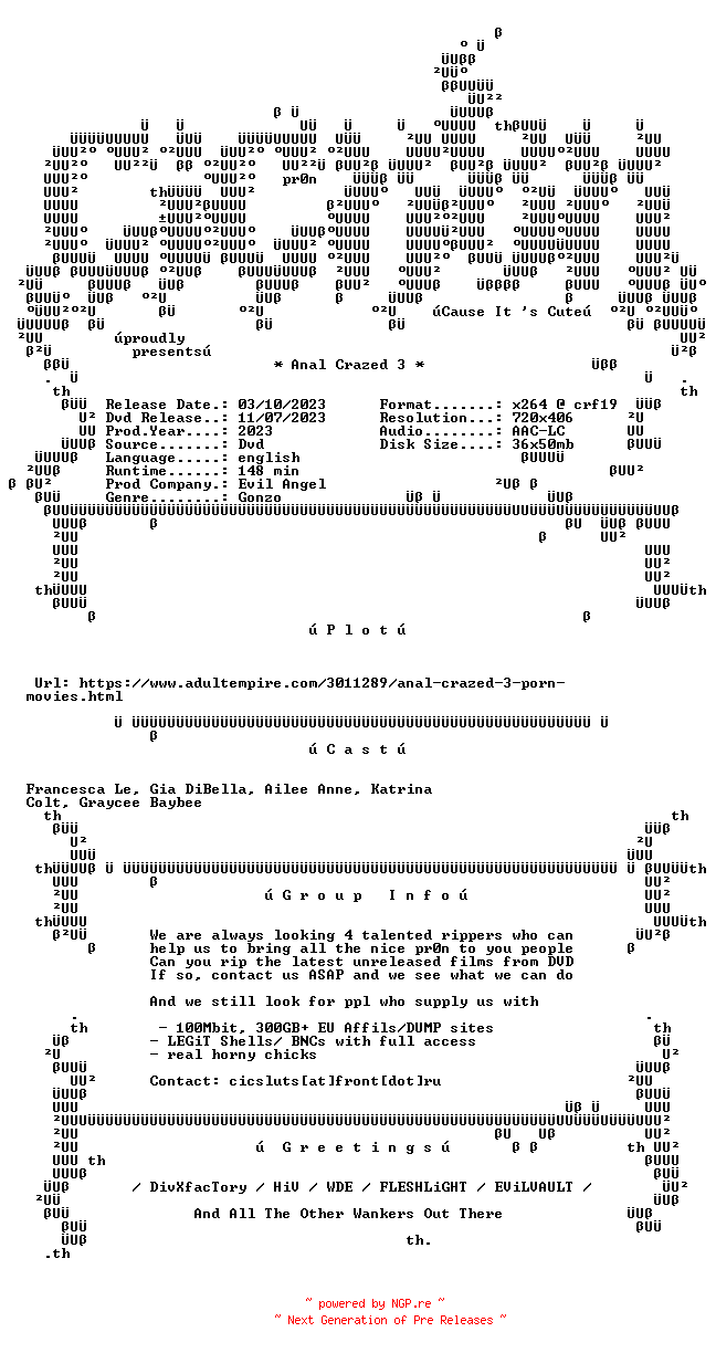 NFO for the release Anal.Crazed.3.XXX.DVDRip.x264-CiCXXX by CiCXXX