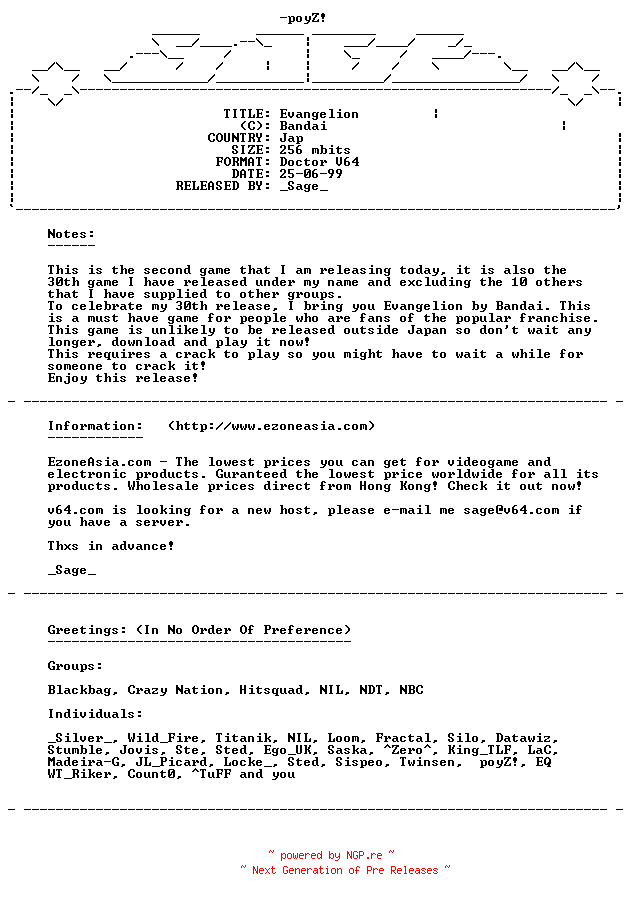 NFO for the release Neon_Genesis_Evangeleon-SAGE by SAGE