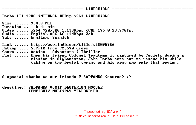 NFO for the release Rambo.III.1988.iNTERNAL.BDRip.x264-LiBRARiANS by LiBRARiANS