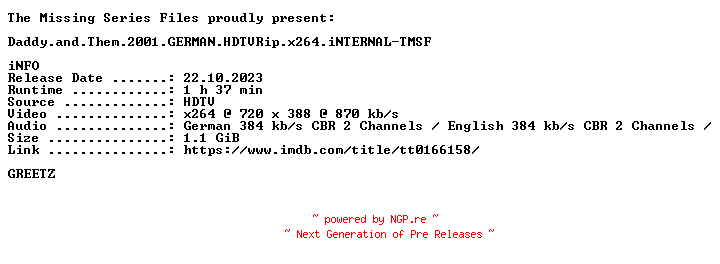 NFO for the release Daddy.and.Them.2001.GERMAN.HDTVRip.x264.iNTERNAL-TMSF by TMSF