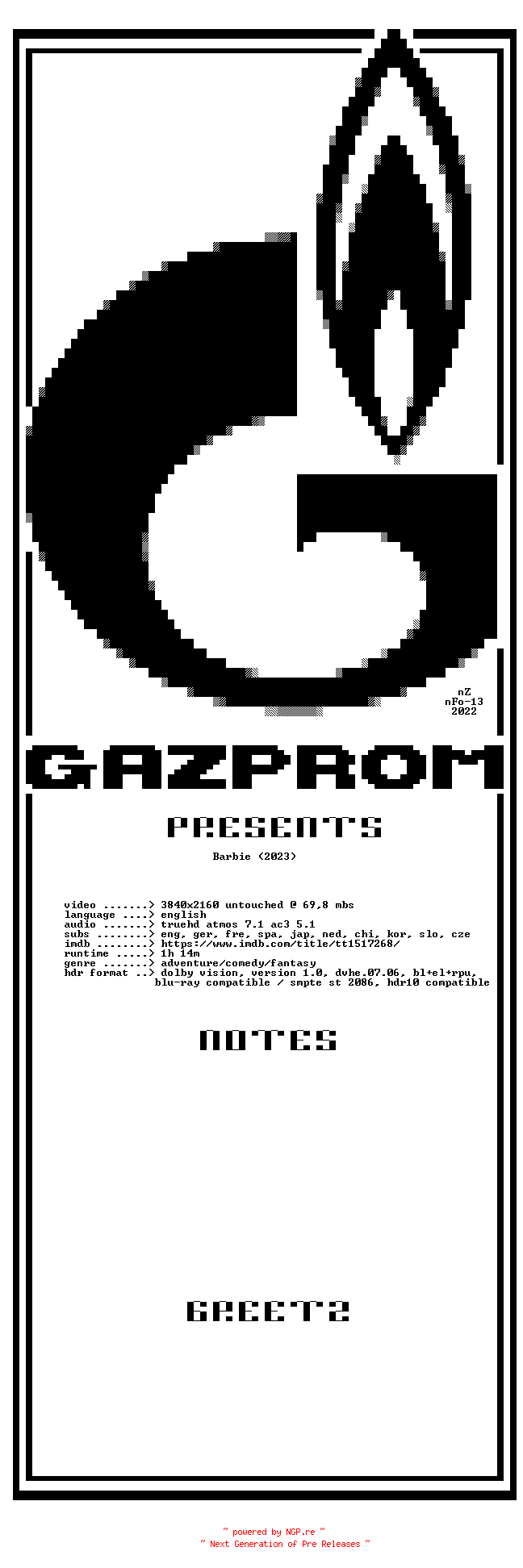 NFO for the release Barbie.2023.2160p.UHD.BluRay.H265-GAZPROM by GAZPROM
