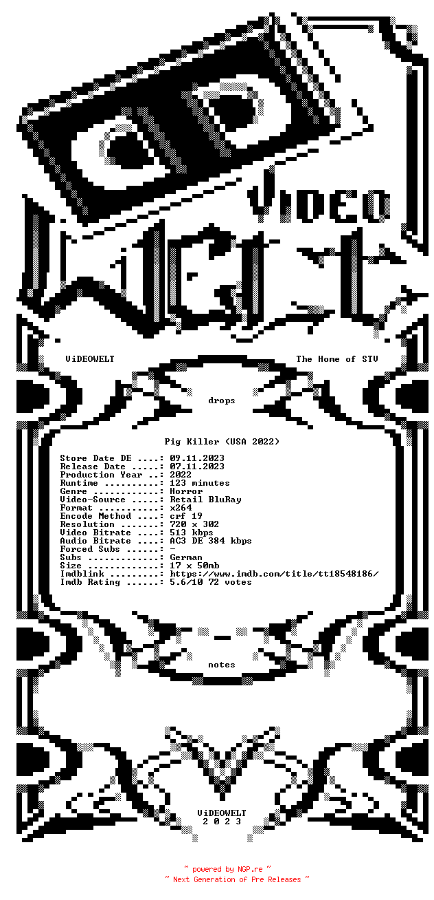 NFO for the release Pig.Killer.2022.German.AC3.BDRip.x264-ViDEOWELT by ViDEOWELT