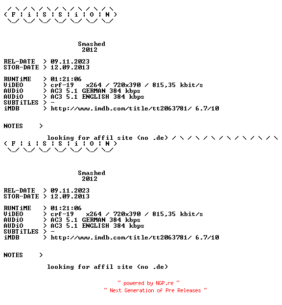 NFO for the release Smashed.German.2012.DL.BDRiP.x264.iNTERNAL-FiSSiON by FiSSiON