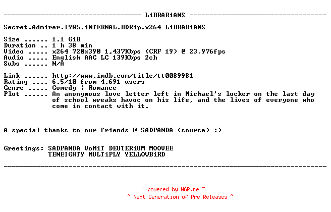 NFO for the release Secret.Admirer.1985.iNTERNAL.BDRip.x264-LiBRARiANS by LiBRARiANS
