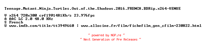 NFO for the release Teenage.Mutant.Ninja.Turtles.Out.of.the.Shadows.2016.FRENCH.BDRip.x264-VENUE by VENUE