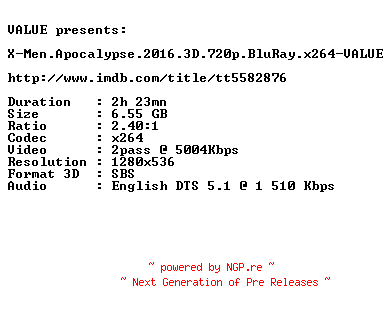 NFO for the release X-Men.Apocalypse.2016.3D.720p.BluRay.x264-VALUE by VALUE