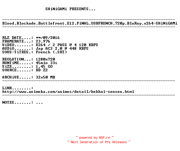 NFO for the release Blood.Blockade.Battlefront.E12.FiNAL.SUBFRENCH.720p.BluRay.x264-SHiNiGAMi by SHiNiGAMi