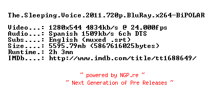NFO for the release The.Sleeping.Voice.2011.720p.BluRay.x264-BiPOLAR by BiPOLAR