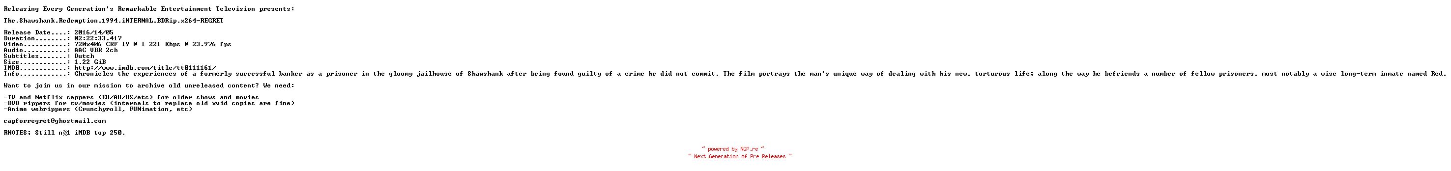 NFO for the release The.Shawshank.Redemption.1994.iNTERNAL.BDRip.x264-REGRET by REGRET