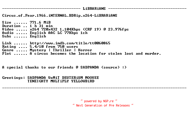 NFO for the release Circus.of.Fear.1966.iNTERNAL.BDRip.x264-LiBRARiANS by LiBRARiANS