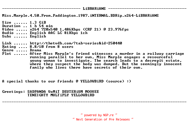 NFO for the release Miss.Marple.4.50.From.Paddington.1987.iNTERNAL.BDRip.x264-LiBRARiANS by LiBRARiANS