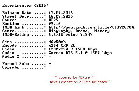 NFO for the release Experimenter.Die.Stanley.Milgram.Story.2015.German.720p.BluRay.x264-SPiCY by SPiCY