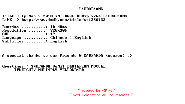 NFO for the release Ip.Man.2.2010.iNTERNAL.BDRip.x264-LiBRARiANS by LiBRARiANS
