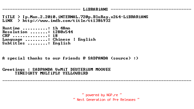 NFO for the release Ip.Man.2.2010.iNTERNAL.720p.BluRay.x264-LiBRARiANS by LiBRARiANS