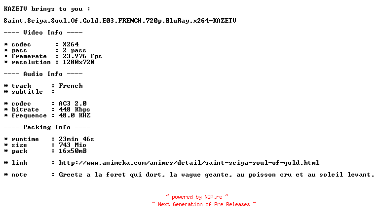 NFO for the release Saint.Seiya.Soul.Of.Gold.E03.FRENCH.720p.BluRay.x264-KAZETV by KAZETV