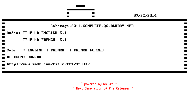 NFO for the release Sabotage.2014.COMPLETE.QC.BLURAY-4FR by 4FR
