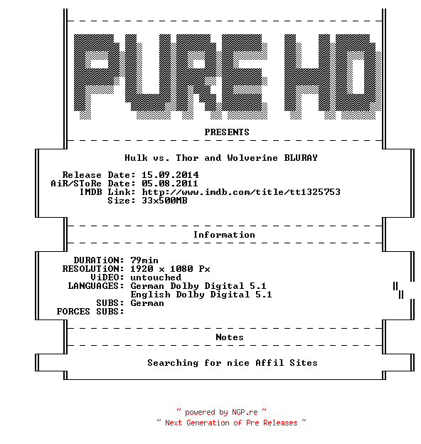 NFO for the release Hulk.vs.Thor.Wolverine.German.DL.2009.COMPLETE.PAL.BLURAY-PuReHD by PuReHD