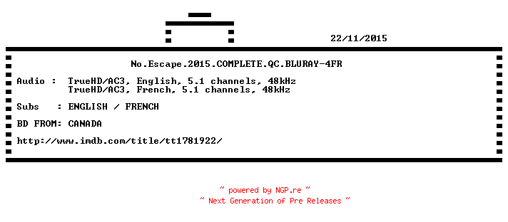 NFO for the release No.Escape.2015.COMPLETE.QC.BLURAY-4FR by 4FR