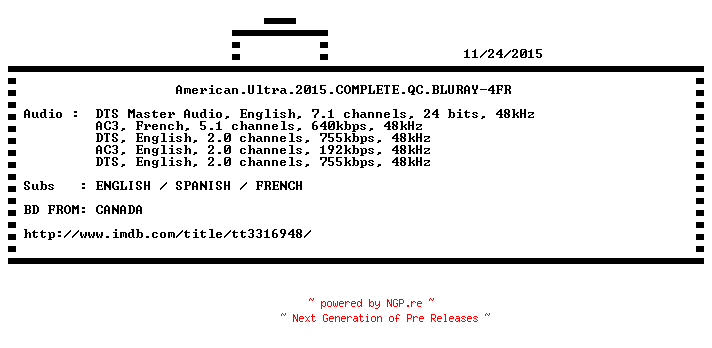 NFO for the release American.Ultra.2015.COMPLETE.QC.BLURAY-4FR by 4FR