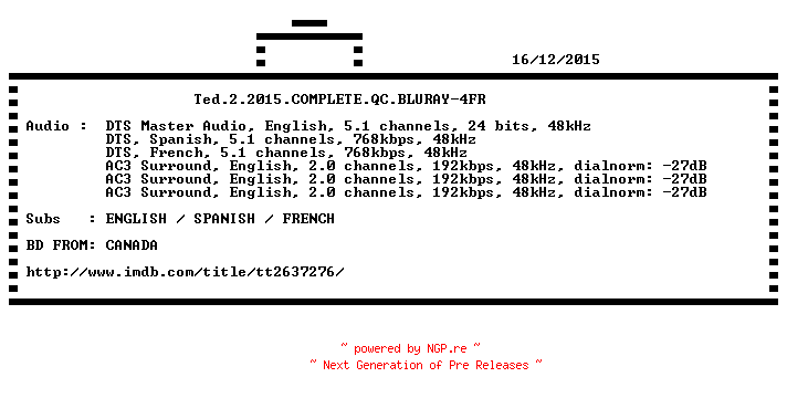 NFO for the release Ted.2.2015.COMPLETE.QC.BLURAY-4FR by 4FR